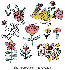 Set of abstract tropical floral elements, paradise bird, cartoon elements. Colorful flowers. Design doodle collection isolated on white background. Vector illustration.