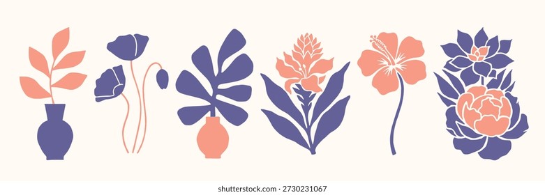 Conjunto de siluetas abstractas de flores y hojas tropicales en colores púrpura y melocotón