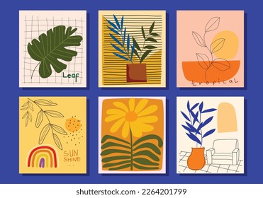 Conjunto de flores tropicales abstractas y hojas ilustraciones vectoriales dibujadas a mano en otoño. Portada, afiche, saludo, tarjeta, medios sociales.