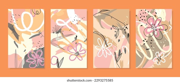 Set von abstrakter tropischer Hand gezeichnet mit Blumen, Pflanzen, Blättern Hintergrund.
