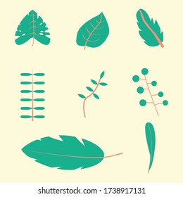 Eine Reihe abstrakter tropischer Blätter. Flachstil. Sommerblatt. Konstruktionselemente eines Vektors. Palmen, Bananenblätter, Hibiskus, Plumeria.
