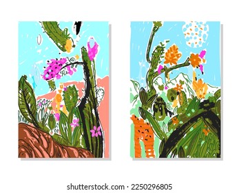 Set of abstract tropical leaves and flowers rough hand drawn vector illustration background.