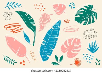 Set of abstract tropical leaves. Hand drawn vector. Set elements for card, poster, postcard and banner design. Summer objects of nature. Hand drawn doodle elements: dots, triangles, circles, doodles.