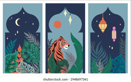 Set of Abstract tropical Leaves, Tiger and Islamic Arabic lantern in the Asian Arches. Arabian night. Sun, moon and stars. Hand-drawn Vector illustration in an oriental asian style. Flat design.