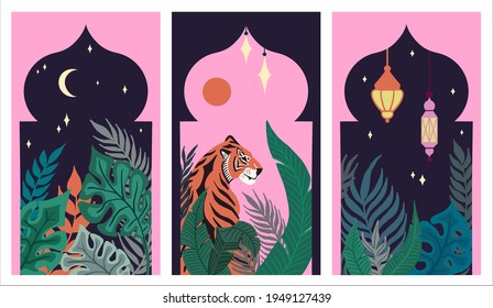 Set of Abstract tropical Leaves, Tiger and Islamic Arabic lantern in the Asian Arches. Arabian night. Sun, moon and stars. Hand-drawn Vector illustration in an oriental asian style. Flat design.
