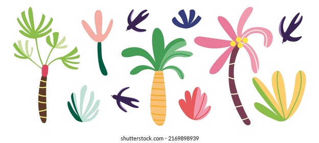 Set of abstract tropical palms, bushes and swallows. Cute decorative jungle rainforest tree and plant. Summer tropical bird, palm plantation. Beach kids doodle. Hand drawn colorful vector illustration