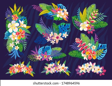 Set of abstract tropical plants composition, flowers, leaves. Vector design elements. Wildlife colorful floral jungle. Rainforest art background. Hand drawn vector illustration