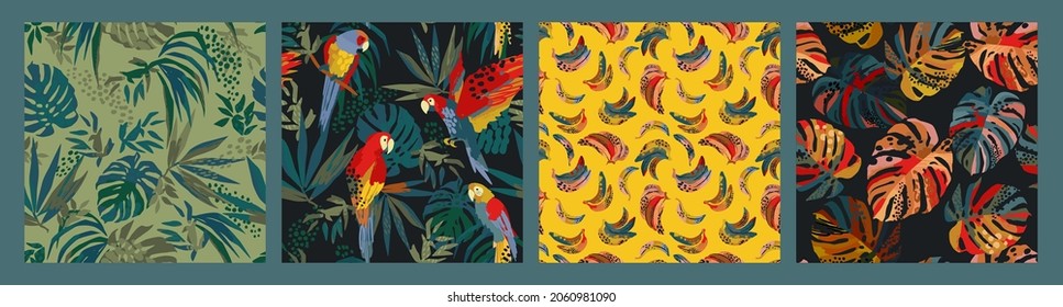 Set of abstract tropical seamless patterns. Parrots, bananas, tropical plants. Modern exotic design for paper, cover, fabric, interior decor and other users.