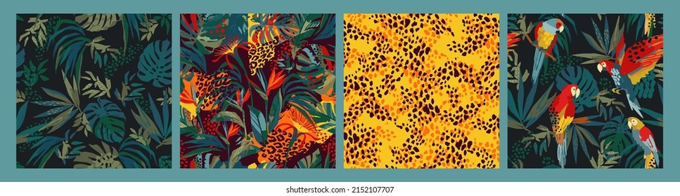 Set of abstract tropical seamless patterns. Parrots, tropical plants, animal print. Modern exotic design for paper, cover, fabric, interior decor and other users.