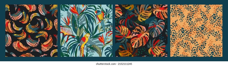 Set of abstract tropical seamless patterns. Parrots, bananas, tropical plants. Modern exotic design for paper, cover, fabric, interior decor and other users.