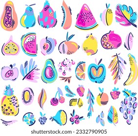 Set of abstract tropics fruits. Elements in bright colours isolated on white background. Fashion exotics style.