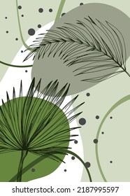 Conjunto de Abstract Tropics Hand Pinted Palm Illustrations para la decoración de las paredes, flor minimalista en estilo boceto. Postcard, Banner de medios sociales, Fondo de diseño de portada de folletos. Pintura moderna
