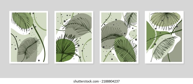 Set of Abstract Tropics Hand Painted Palm Illustrations for Wall Decoration, minimalist flower in sketch style. Postcard, Social Media Banner, Brochure Cover Design Background. Modern Painting Artwork
