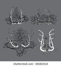 Set abstract true gothic elements of design with horns of deer and a crown of thorns. Hand drawn vector theme for illustration, cover, screensaver or wallpaper