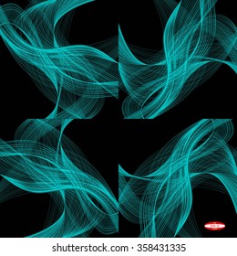 set of abstract turquoise lines with slate waves with cyan band isolated on black background. vector illustration