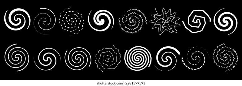Set of abstract twirls and spirals. Vector illustration of lines twisted in circle. Drawing of signs of round swirls and wavy whirls.