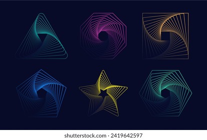 Set of abstract twisted gradient spirals. Twisted wireframe tunnel with lines in the form of a triangle, square, pentagon, hexagon, octagon and star. Vector illustration. svg