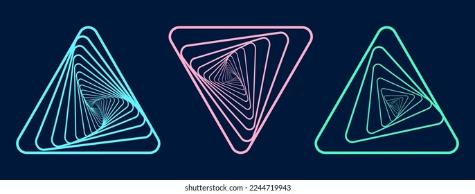 Set of abstract twisting tunnels of different shapes from triangles. Graphic vector spiral. EPS 10.