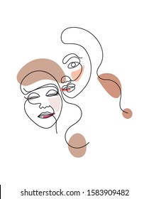 Set of abstract two women face one line drawing. Portrait minimalistic style. Fine one line drawing abstract face. One line drawing abstract faces. Modern continuous line art
