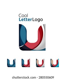 Set abstrakter U-Brieffirmen-Logos. Geschäftssymbole aus sich überlappenden fließenden Wellen. Hellfarben, modern und minimalistisch