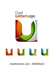 Set of abstract U letter company logos. Business icons made of overlapping flowing waves. Light color modern minimal design