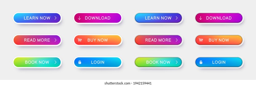 Set of abstract ui buttons with shadow. Vector different gradient color buttons for use in web sites, apps and game.