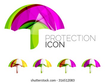 Set of abstract umbrella icons, business logotype protection concepts, clean modern geometric design. Created with transparent abstract wave lines