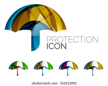 Set of abstract umbrella icons, business logotype protection concepts, clean modern geometric design. Created with transparent abstract wave lines