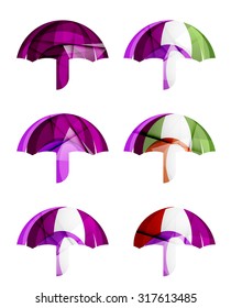 Set of abstract umbrella icons, business logotype protection concepts, clean modern geometric design. Created with transparent abstract wave lines