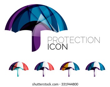 Set of abstract umbrella icons, business logotype protection concepts, clean modern geometric design. Created with transparent abstract wave lines