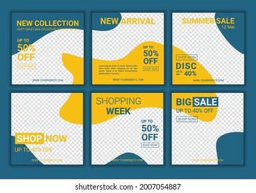 Set of abstract unique editable modern social media with yellow and blue colors. Fashion summer sale. Promotional web banner for social media post. Vector Illustration with photo college