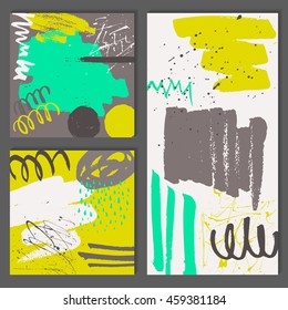 Conjunto de tarjetas universales abstractas. Texturas dibujadas a mano. Formas, líneas y salpicaduras coloridas. Plantilla editable para boda, cumpleaños, fiesta. Diseño moderno para tarjetas, invitaciones, folletos, volantes