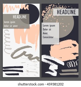 Set of abstract universal cards. Hand Drawn textures. Colorful shapes, lines and splashes. Editable template for wedding, birthday, party. Trendy design for card, invitation, brochure, flyer