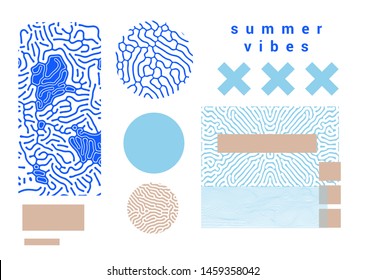 Set of abstract universal elements for design. Vaporwave neo-memphis style, juicy punchy pastel color tones: light blue, ivory.