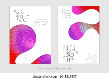 Set of abstract universal flyer templates with simple wavy shapes and cut paper with shadow over striped background. Social media web banner. Bright colored isolated.