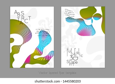 Set of abstract universal flyer templates with simple wavy shapes and cut paper with shadow over striped background. Social media web banner. Bright colored isolated.