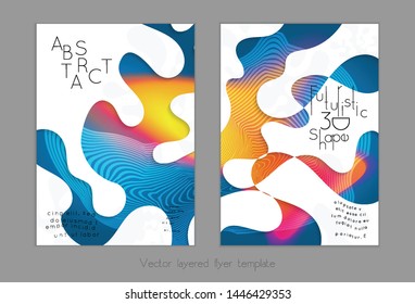 Set of abstract universal flyer templates with simple wavy shapes and cut paper with shadow over striped background. Social media web banner. Bright colored isolated.