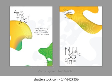 Set of abstract universal flyer templates with simple wavy shapes and cut paper with shadow over striped background. Social media web banner. Bright colored isolated.