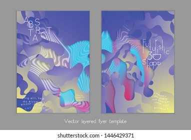 Set of abstract universal flyer templates with simple wavy shapes and cut paper with shadow over striped background. Social media web banner. Bright colored isolated.