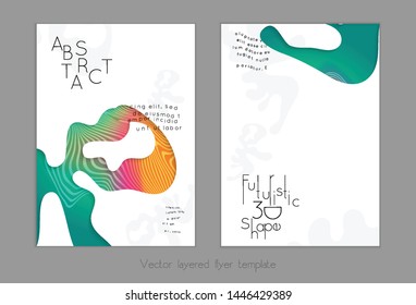 Set of abstract universal flyer templates with simple wavy shapes and cut paper with shadow over striped background. Social media web banner. Bright colored isolated.