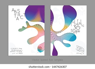 Set of abstract universal flyer templates with simple wavy shapes and cut paper with shadow over striped background. Social media web banner. Bright colored isolated.