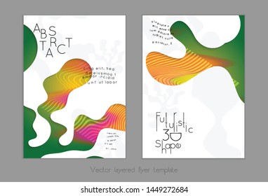 Set of abstract universal flyer templates with simple wavy shapes and cut paper with shadow over striped background. Social media web banner. Bright colored isolated.