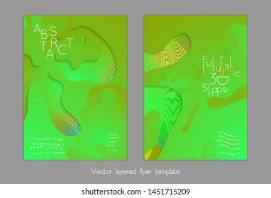 Set of abstract universal flyer templates with simple wavy shapes and cut paper with shadow over striped background. Social media web banner. Bright colored isolated.
