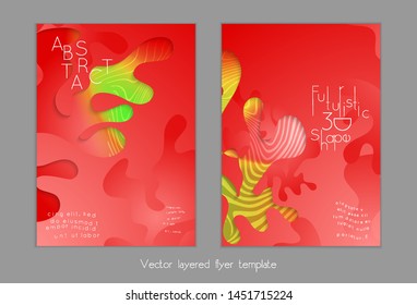 Set of abstract universal flyer templates with simple wavy shapes and cut paper with shadow over striped background. Social media web banner. Bright colored isolated.