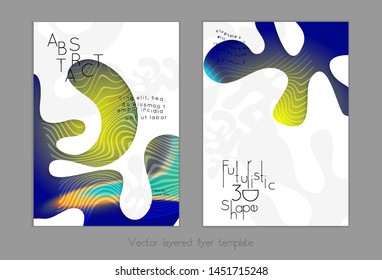 Set of abstract universal flyer templates with simple wavy shapes and cut paper with shadow over striped background. Social media web banner. Bright colored isolated.