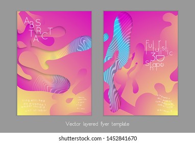 Set of abstract universal flyer templates with simple wavy shapes and cut paper with shadow over striped background. Social media web banner. Bright colored isolated.