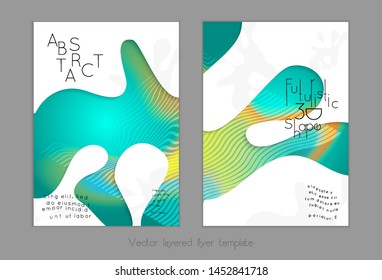 Set of abstract universal flyer templates with simple wavy shapes and cut paper with shadow over striped background. Social media web banner. Bright colored isolated.