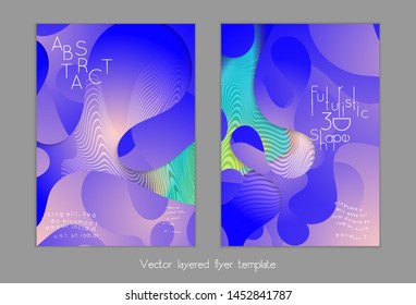 Set of abstract universal flyer templates with simple wavy shapes and cut paper with shadow over striped background. Social media web banner. Bright colored isolated.