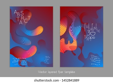 Set of abstract universal flyer templates with simple wavy shapes and cut paper with shadow over striped background. Social media web banner. Bright colored isolated.