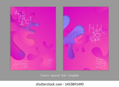 Set of abstract universal flyer templates with simple wavy shapes and cut paper with shadow over striped background. Social media web banner. Bright colored isolated.